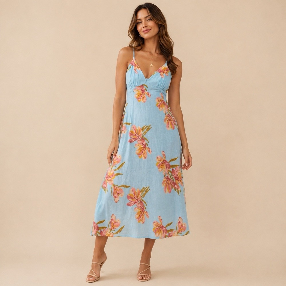 Paper Heart Anthropologie Seashells Print Midi Dress Linen Blend Resort Costal